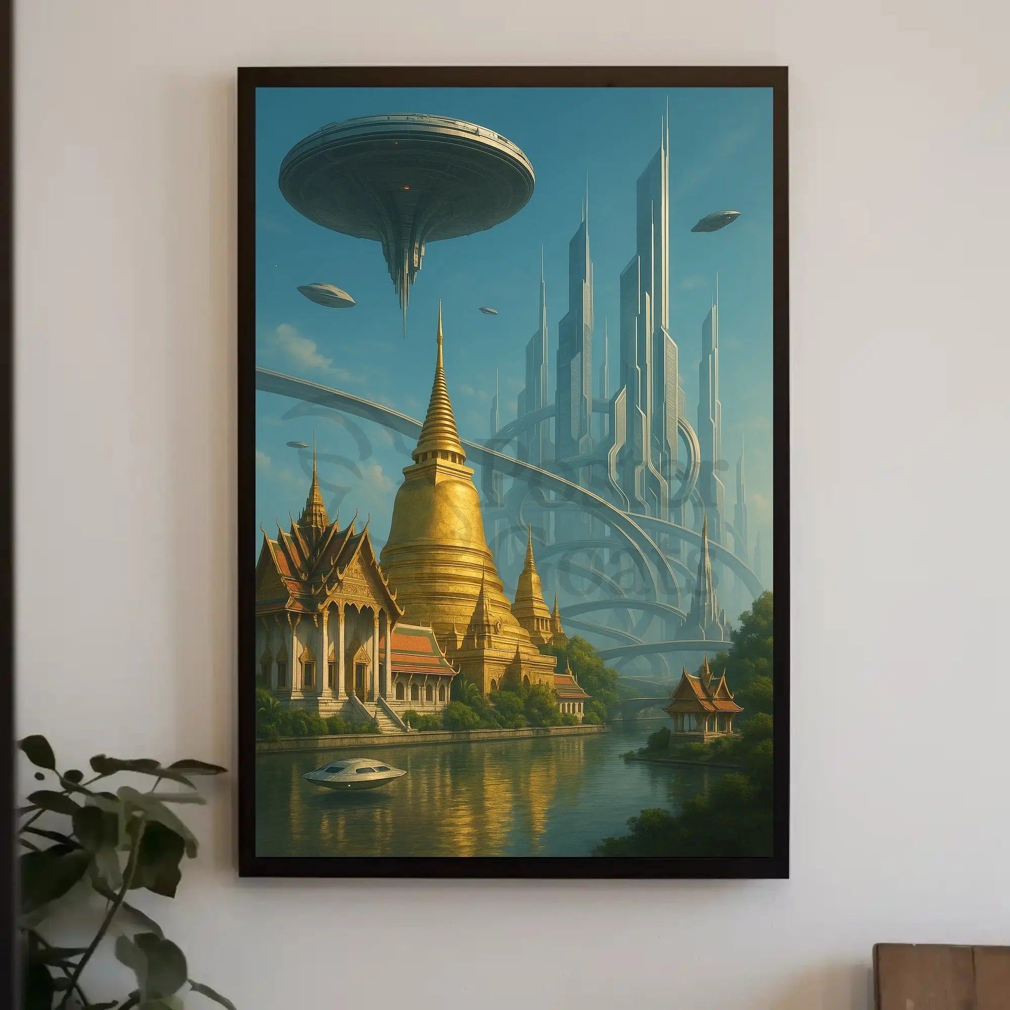 Futuristic Metropolis Meets Cultural Landscape Sci-Fi Poster PosterGoat