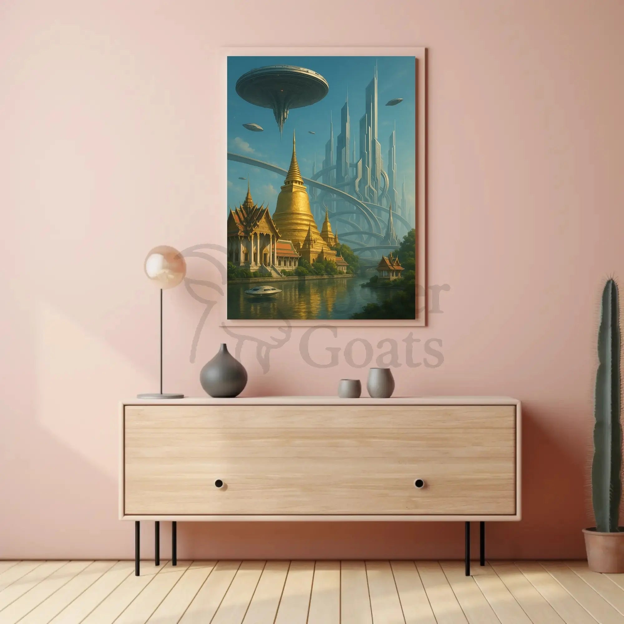 Futuristic Metropolis Meets Cultural Landscape Sci-Fi Poster PosterGoat