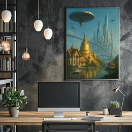Futuristic Metropolis Meets Cultural Landscape Sci-Fi Poster PosterGoat