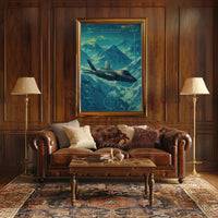 Futuristic Military Jet Over Snowy Mountains Sci-Fi Poster PosterGoat