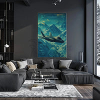 Futuristic Military Jet Over Snowy Mountains Sci-Fi Poster PosterGoat