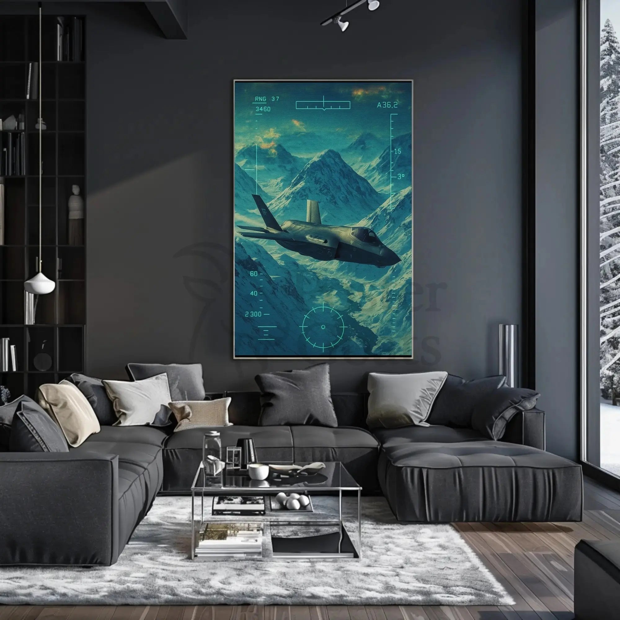Futuristic Military Jet Over Snowy Mountains Sci-Fi Poster PosterGoat