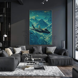 Futuristic Military Jet Over Snowy Mountains Sci-Fi Poster PosterGoat