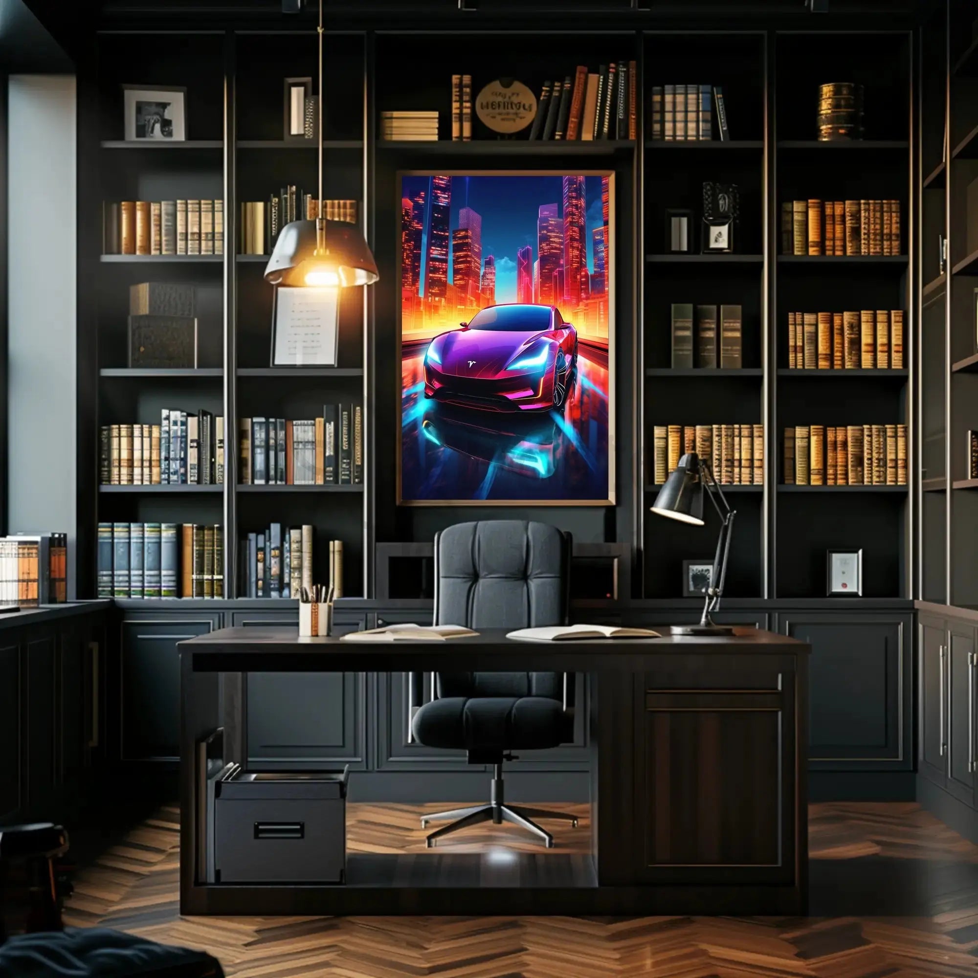 Futuristic Neon Car Cityscape Vibrant Futuristic Sci-Fi Poster PosterGoat
