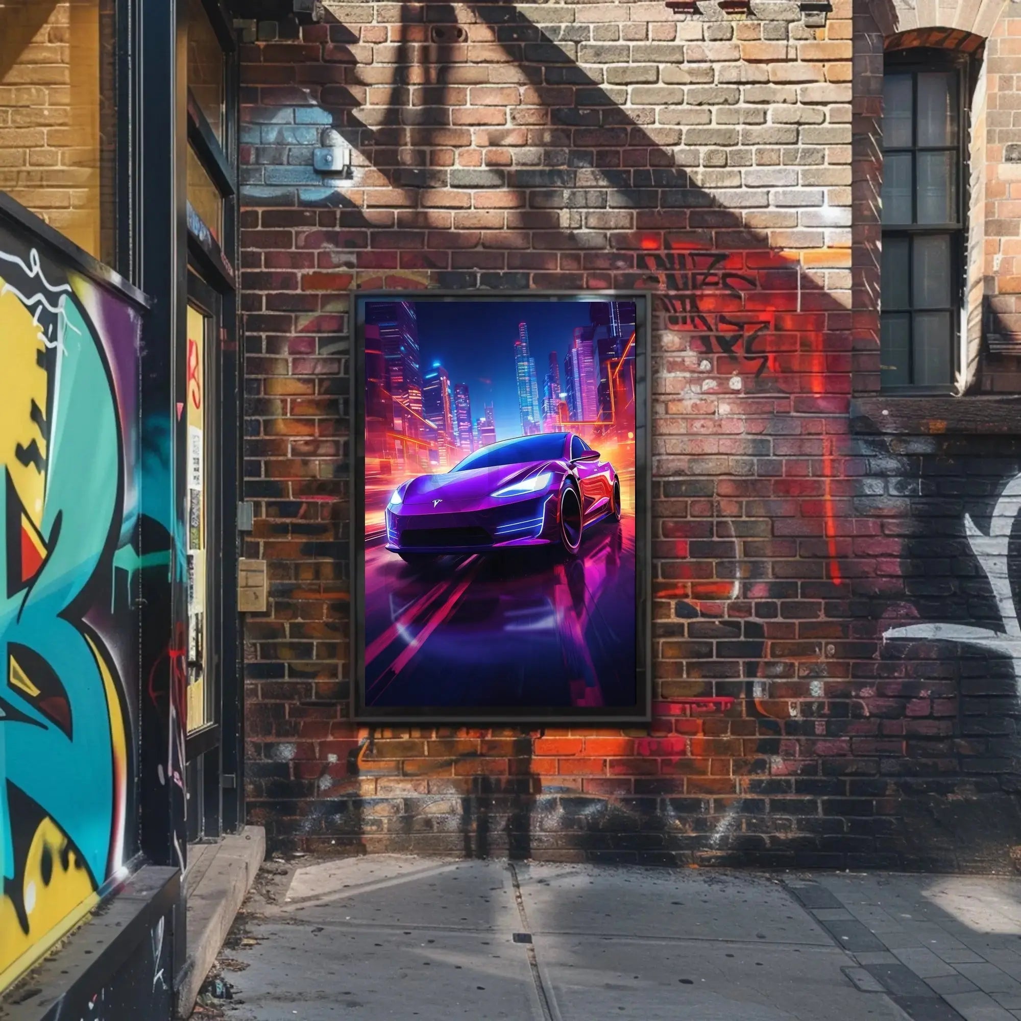 Futuristic Neon Cityscape Car Racing Sci-Fi Poster PosterGoat