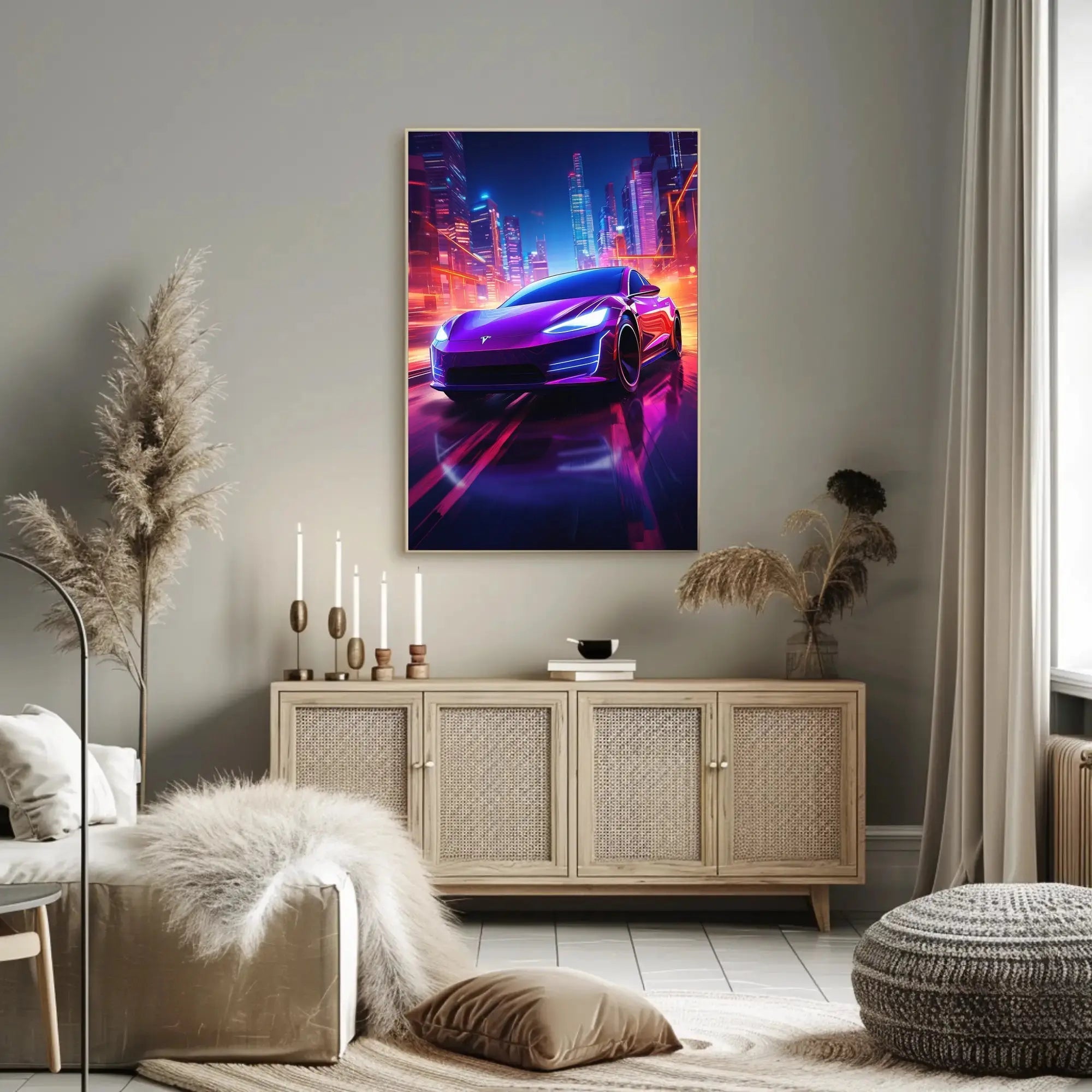 Futuristic Neon Cityscape Car Racing Sci-Fi Poster PosterGoat