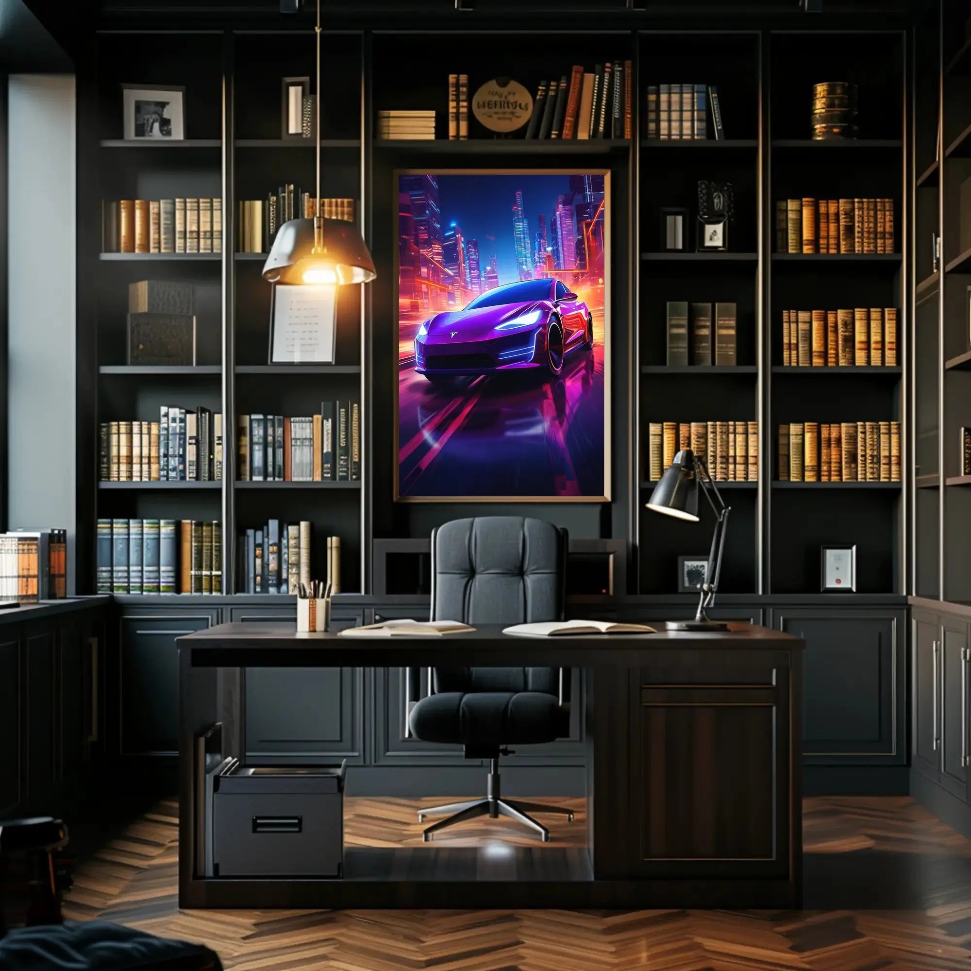 Futuristic Neon Cityscape Car Racing Sci-Fi Poster PosterGoat
