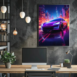 Futuristic Neon Cityscape Car Racing Sci-Fi Poster PosterGoat