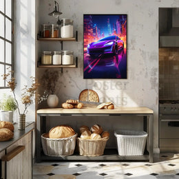 Futuristic Neon Cityscape Car Racing Sci-Fi Poster PosterGoat