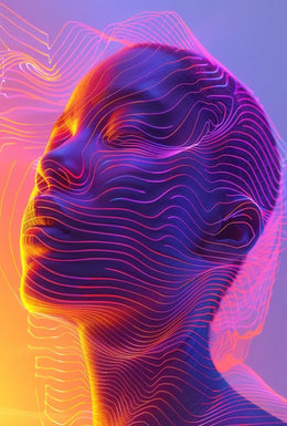 Futuristic Neon Face Art: A Digital Sci-Fi Poster PosterGoat