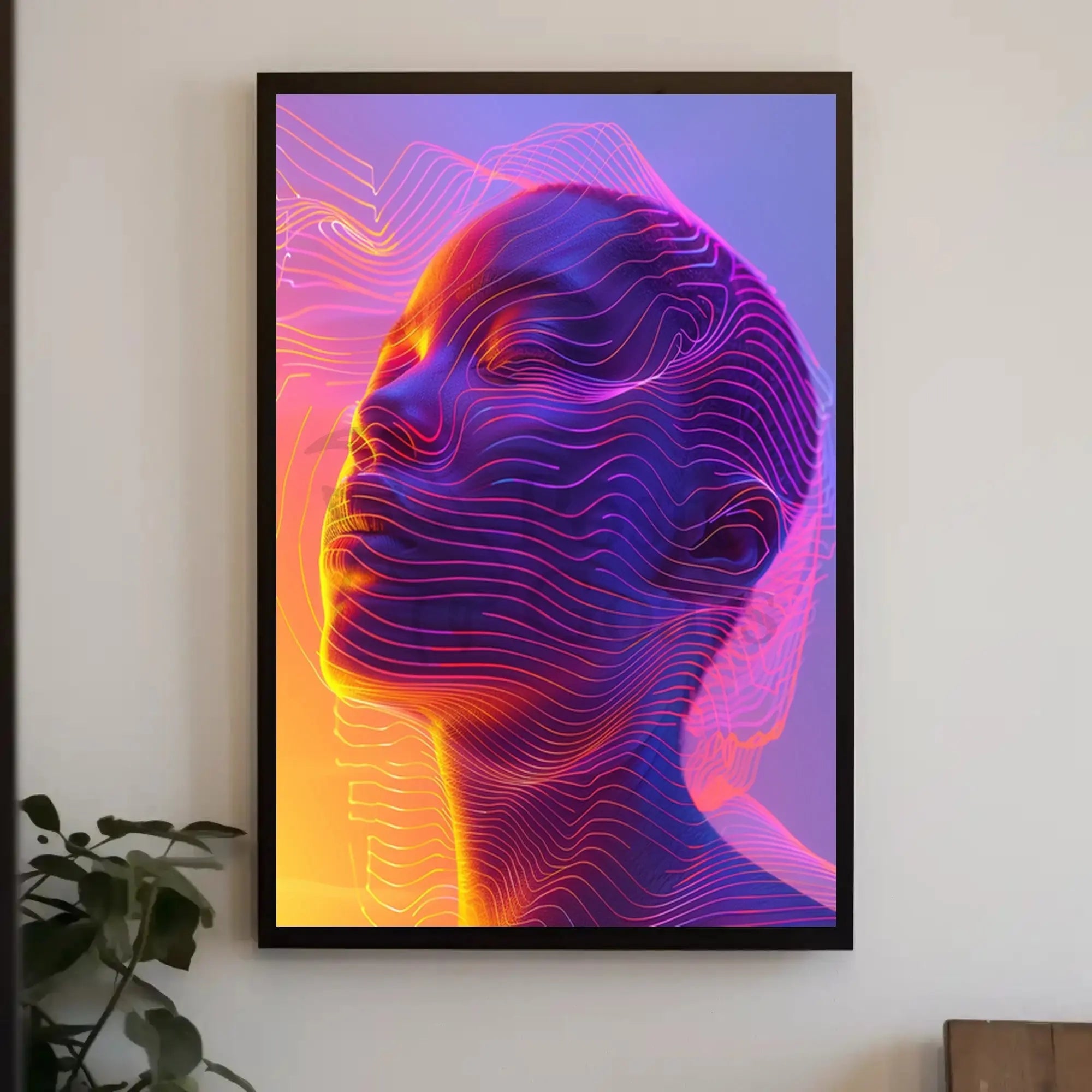 Futuristic Neon Face Art: A Digital Sci-Fi Poster PosterGoat