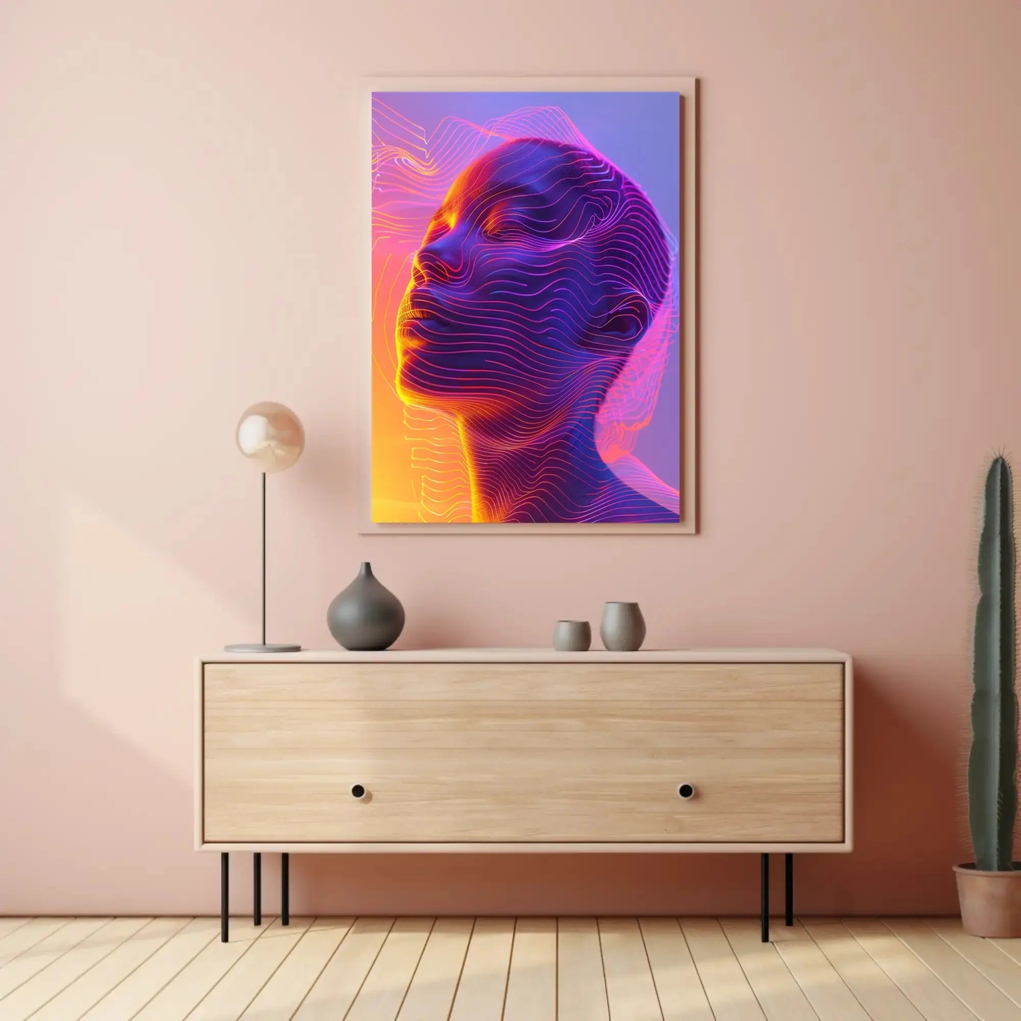 Futuristic Neon Face Art: A Digital Sci-Fi Poster PosterGoat