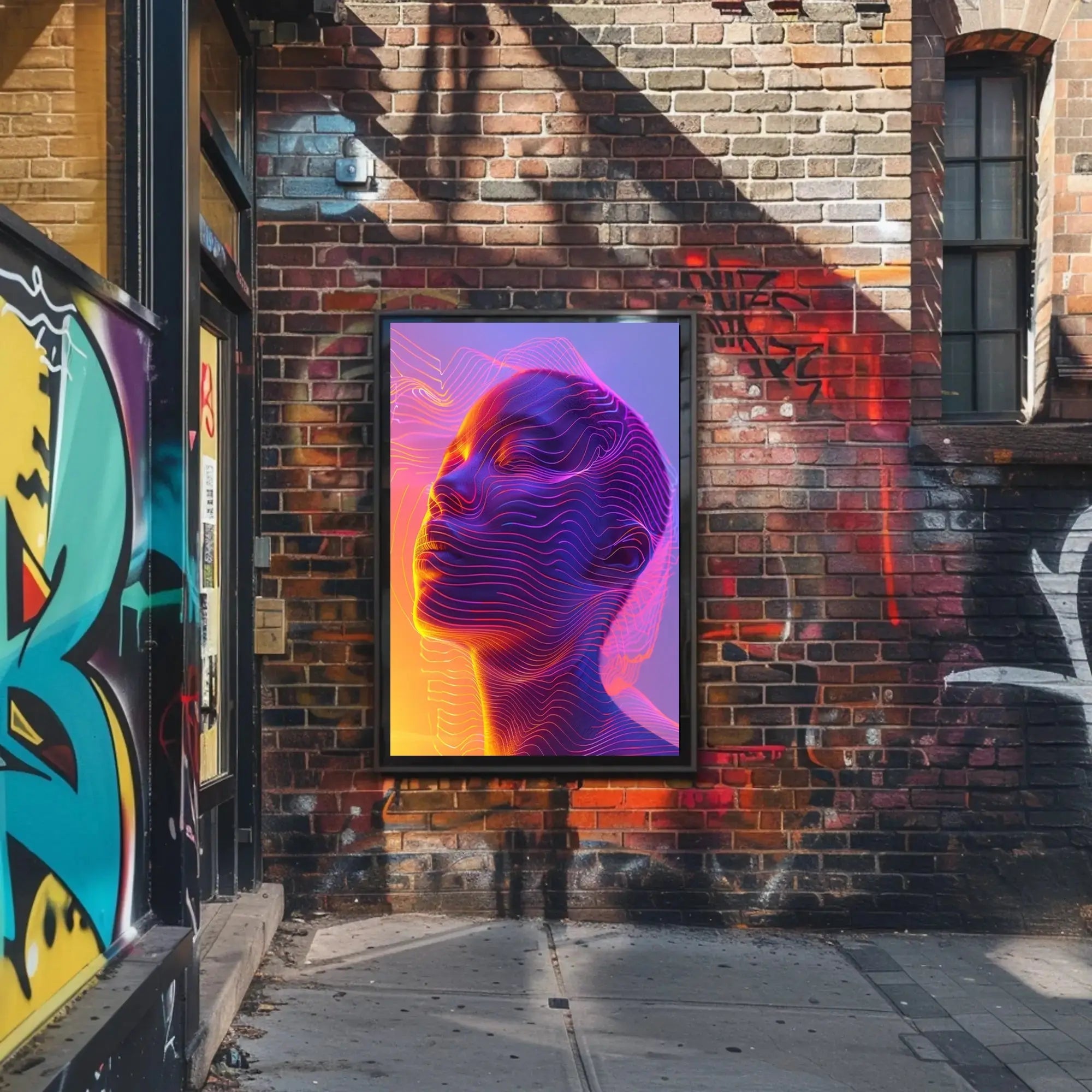 Futuristic Neon Face Art: A Digital Sci-Fi Poster PosterGoat