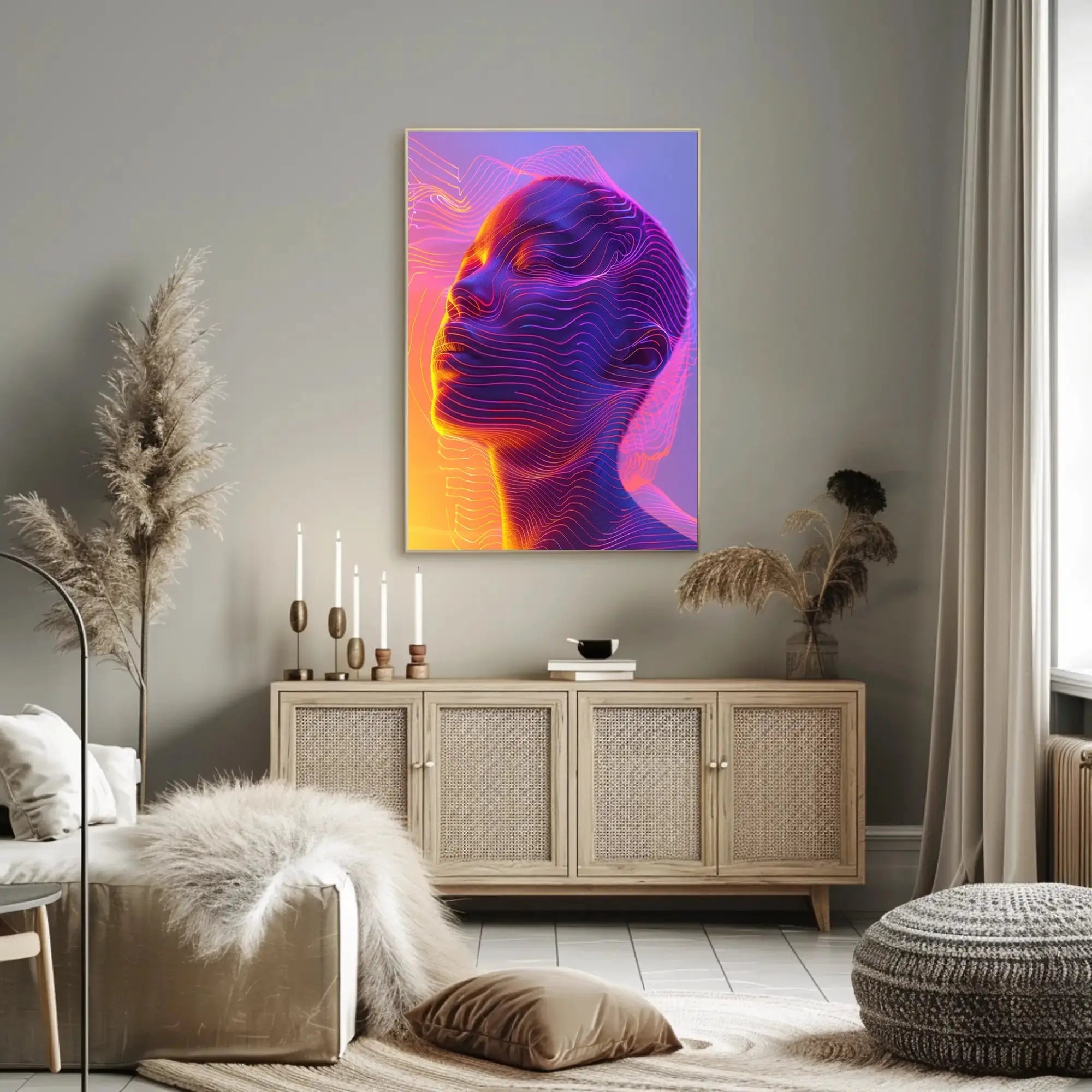 Futuristic Neon Face Art: A Digital Sci-Fi Poster PosterGoat