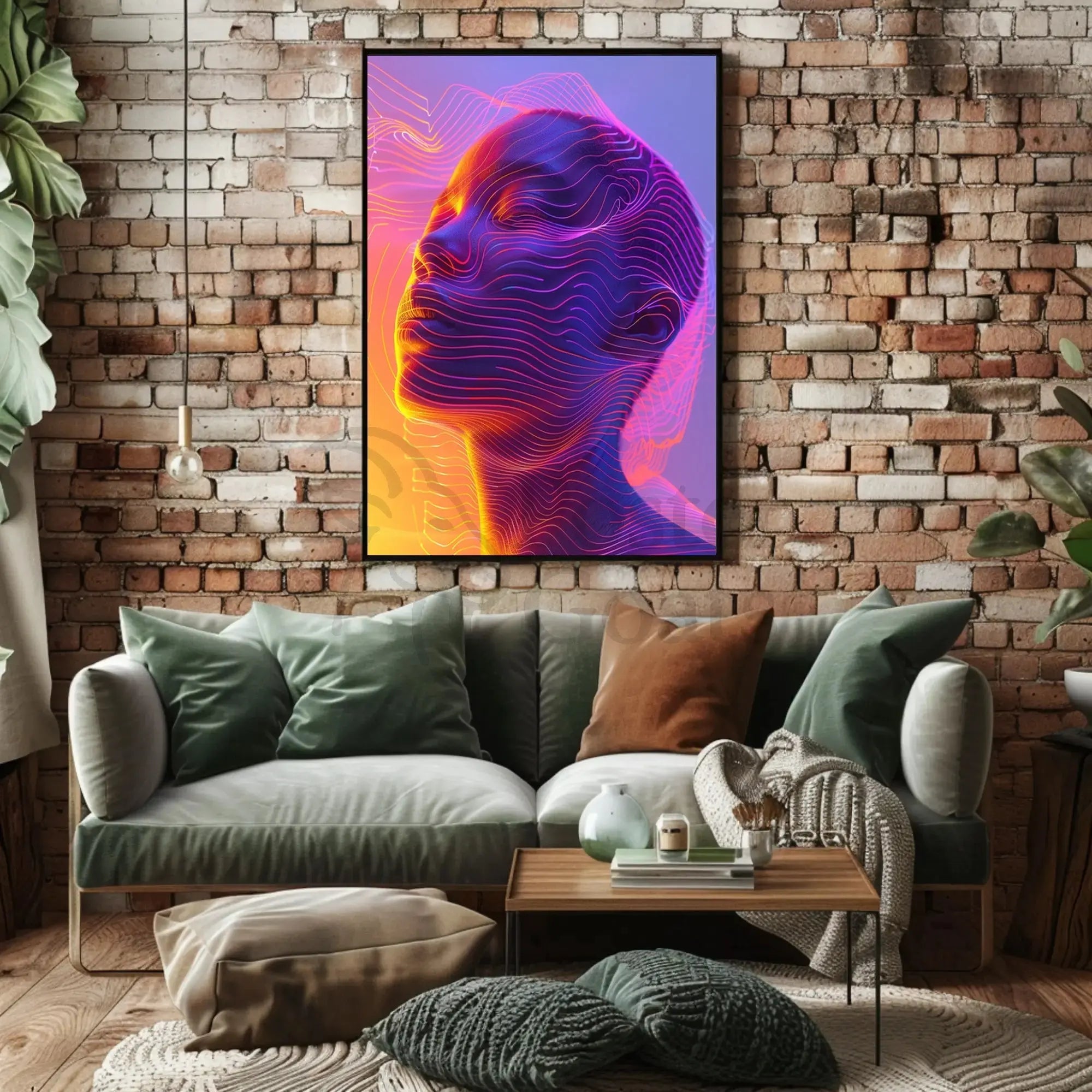 Futuristic Neon Face Art: A Digital Sci-Fi Poster PosterGoat
