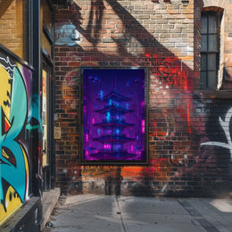 Futuristic Neon Pagoda Cyberpunk Cityscape Sci-Fi Poster PosterGoat