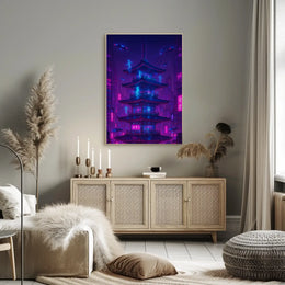 Futuristic Neon Pagoda Cyberpunk Cityscape Sci-Fi Poster PosterGoat