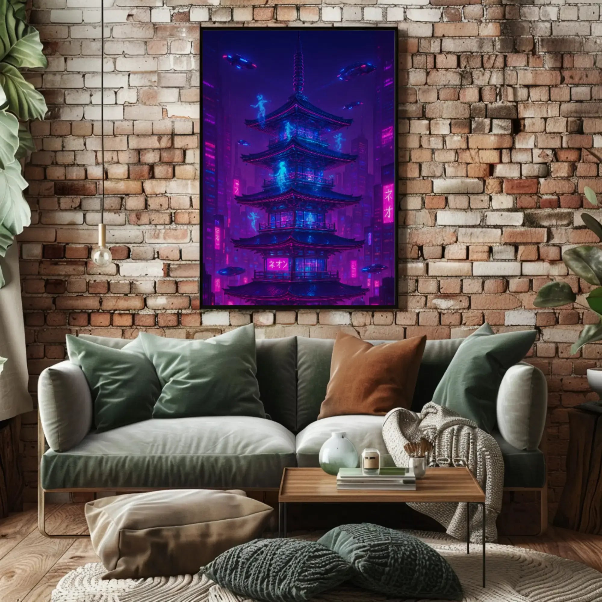 Futuristic Neon Pagoda Cyberpunk Cityscape Sci-Fi Poster PosterGoat