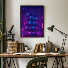 Futuristic Neon Pagoda Cyberpunk Cityscape Sci-Fi Poster PosterGoat