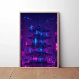 Futuristic Neon Pagoda Cyberpunk Cityscape Sci-Fi Poster PosterGoat