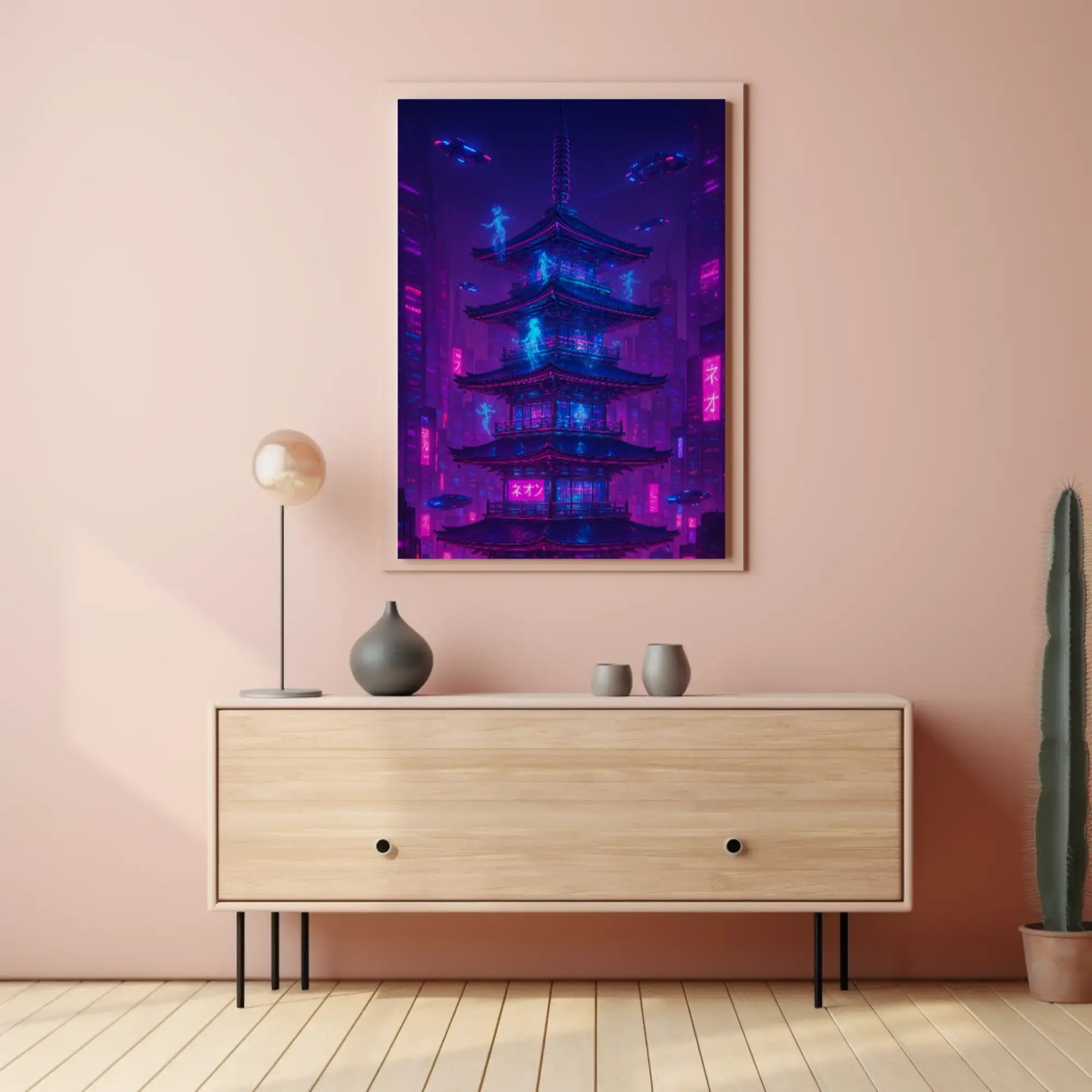 Futuristic Neon Pagoda Cyberpunk Cityscape Sci-Fi Poster PosterGoat