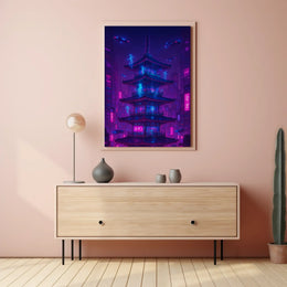 Futuristic Neon Pagoda Cyberpunk Cityscape Sci-Fi Poster PosterGoat