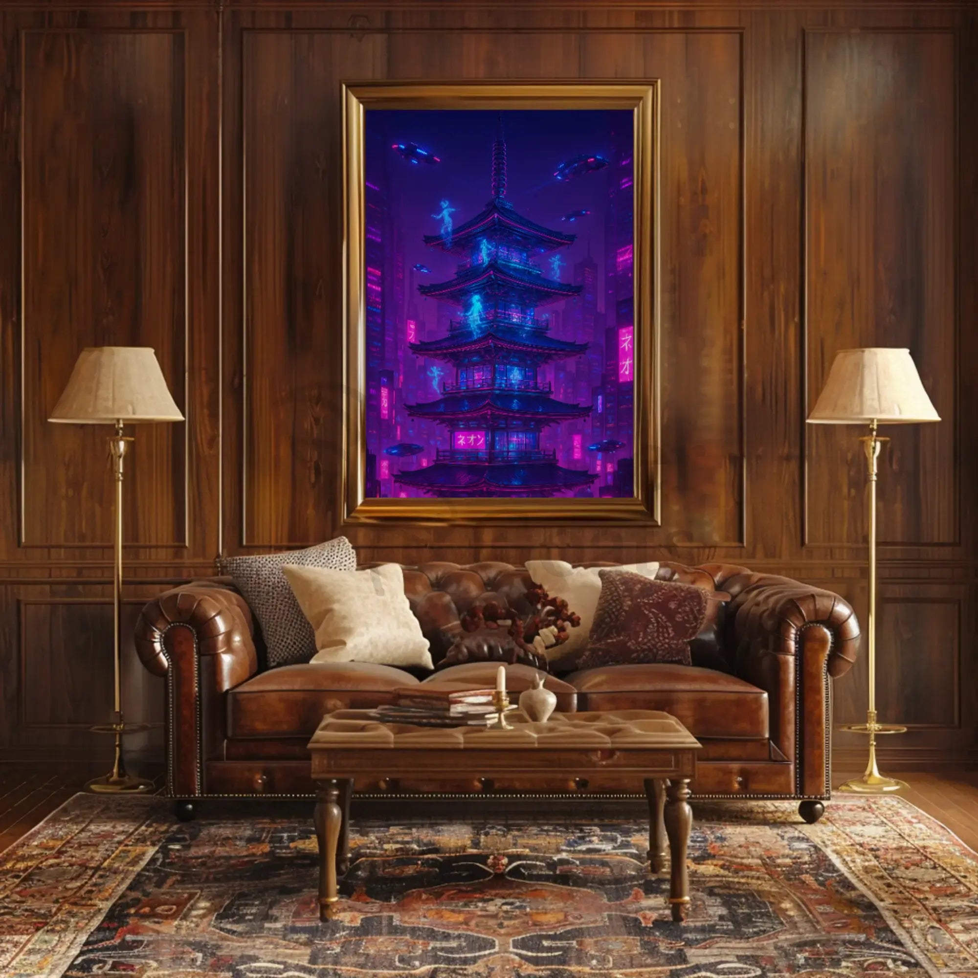 Futuristic Neon Pagoda Cyberpunk Cityscape Sci-Fi Poster PosterGoat