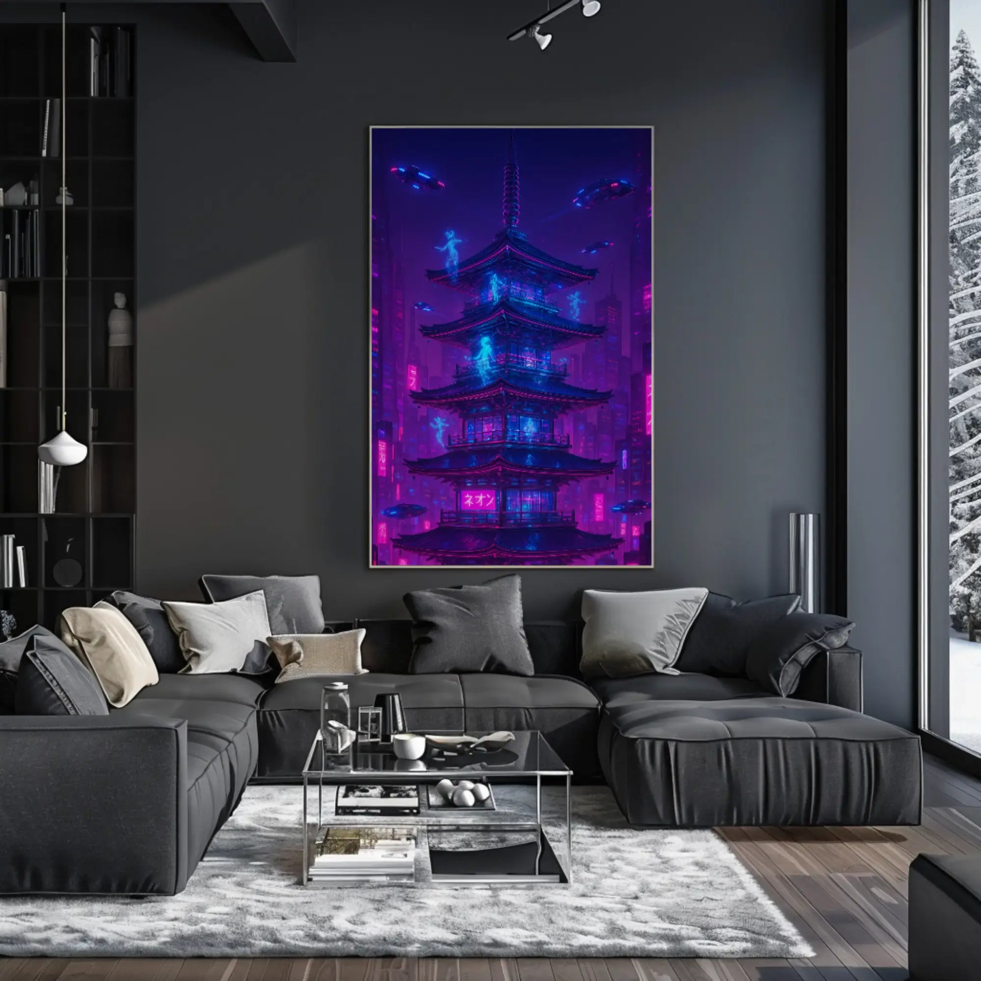 Futuristic Neon Pagoda Cyberpunk Cityscape Sci-Fi Poster PosterGoat