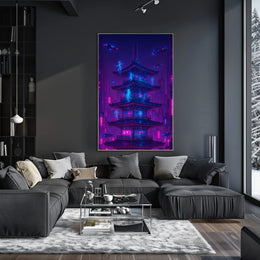 Futuristic Neon Pagoda Cyberpunk Cityscape Sci-Fi Poster PosterGoat