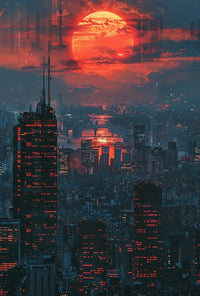 Futuristic Nighttime Cityscape: Cyberpunk Aesthetic Sci-Fi Poster PosterGoat