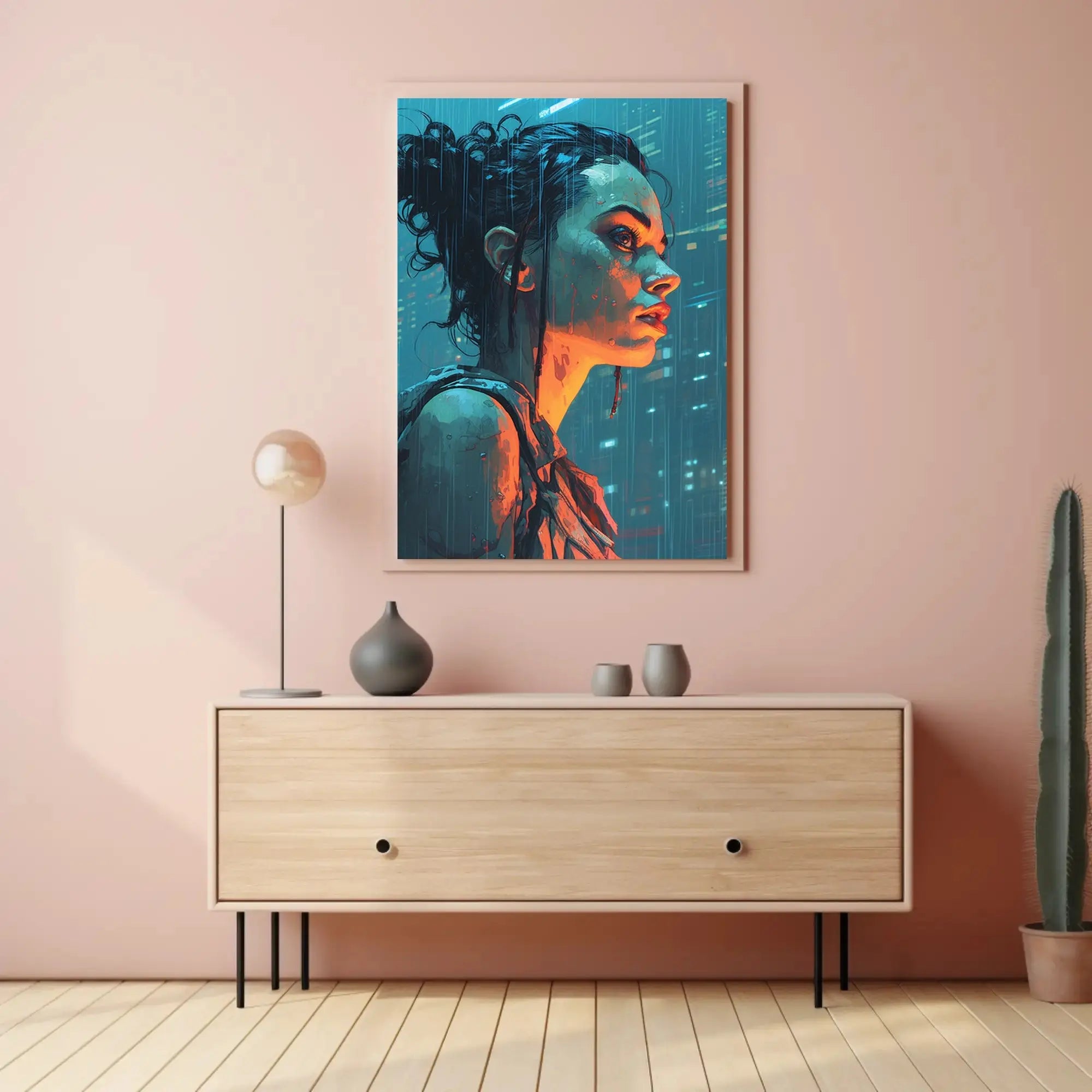 Futuristic Rainy Cityscape Cyberpunk Sci-Fi Poster PosterGoat