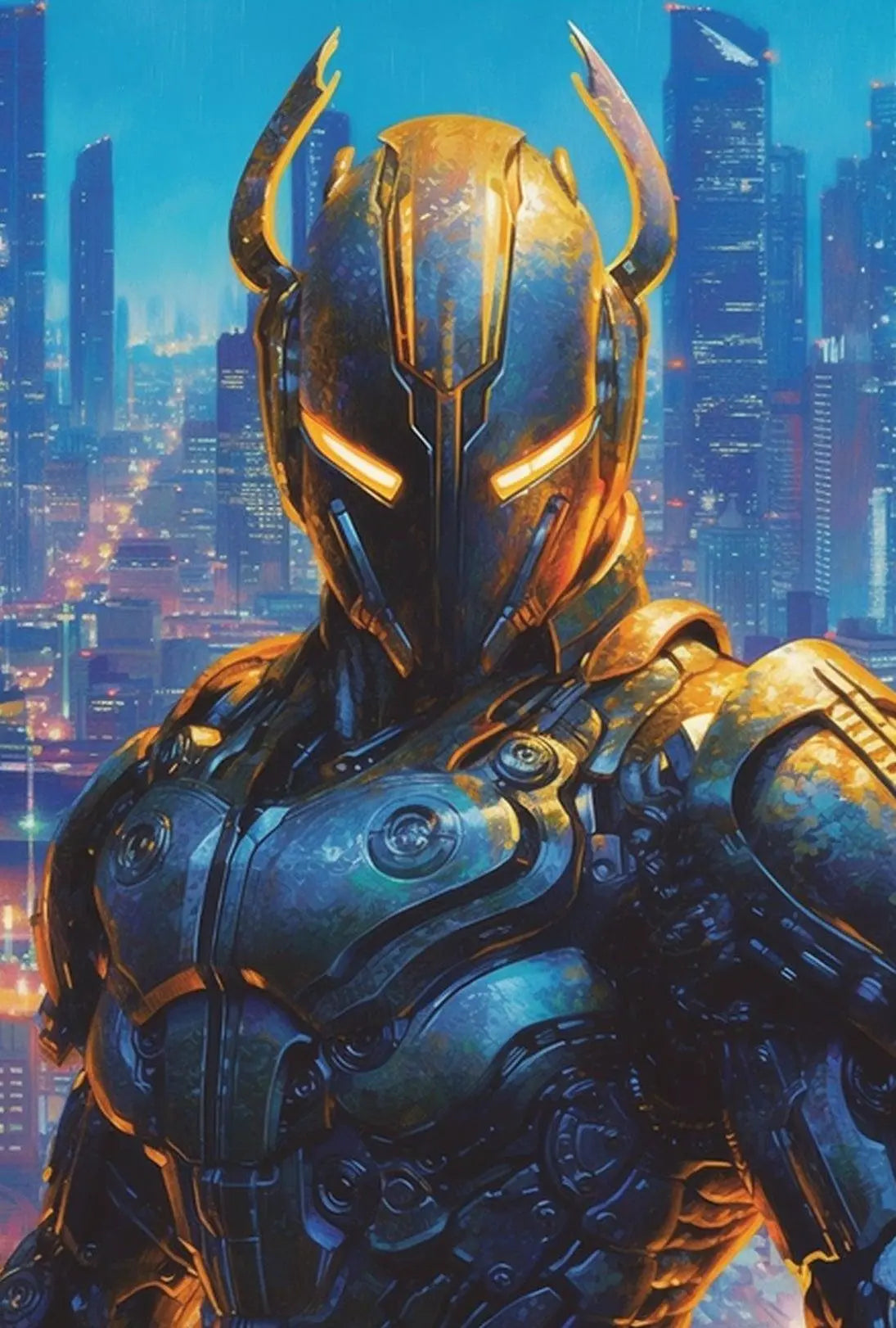 Futuristic Robotic Figure in Cityscape Sci-Fi Poster PosterGoat