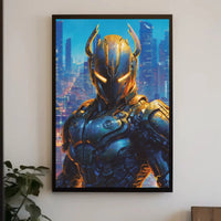 Futuristic Robotic Figure in Cityscape Sci-Fi Poster PosterGoat