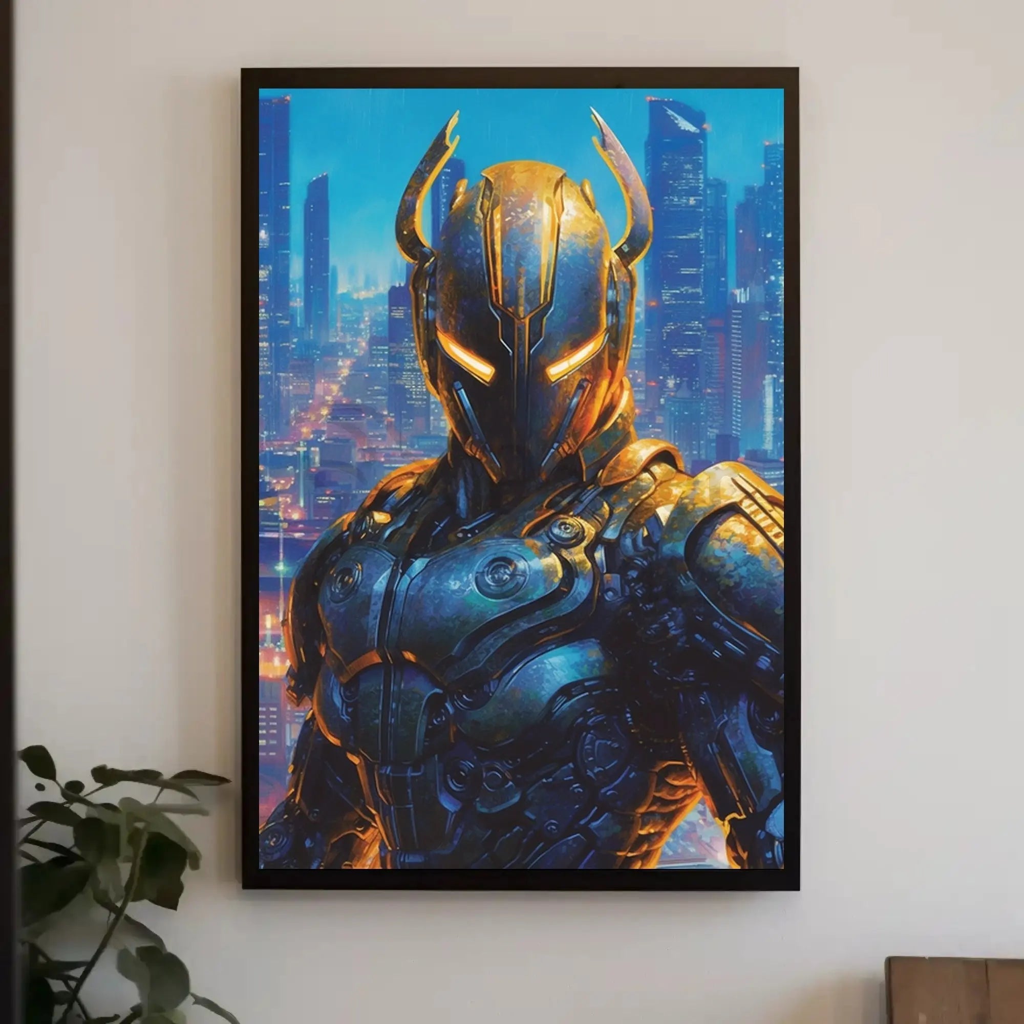 Futuristic Robotic Figure in Cityscape Sci-Fi Poster PosterGoat