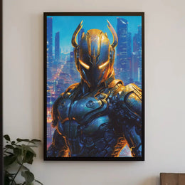 Futuristic Robotic Figure in Cityscape Sci-Fi Poster PosterGoat