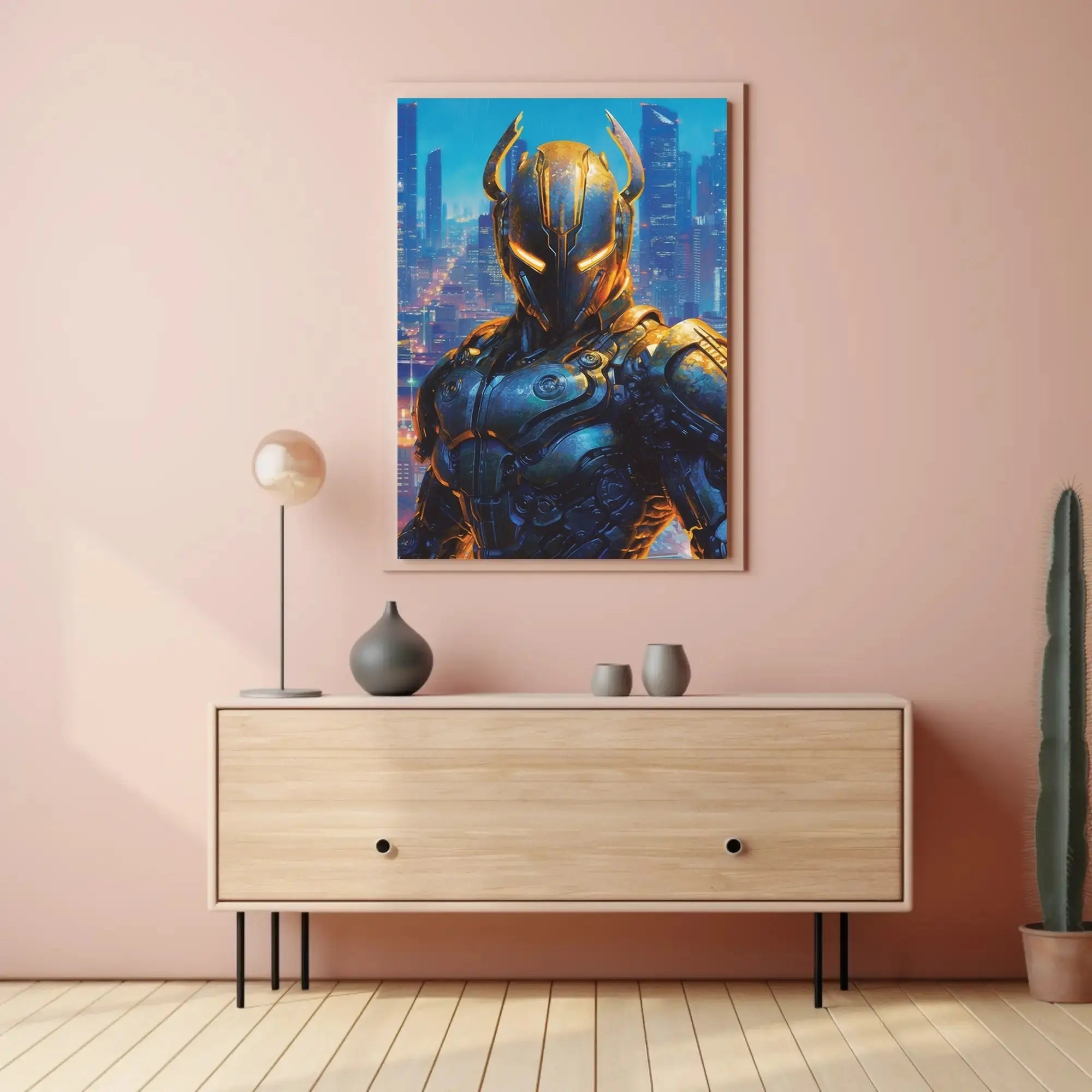 Futuristic Robotic Figure in Cityscape Sci-Fi Poster PosterGoat