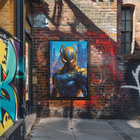 Futuristic Robotic Figure in Cityscape Sci-Fi Poster PosterGoat