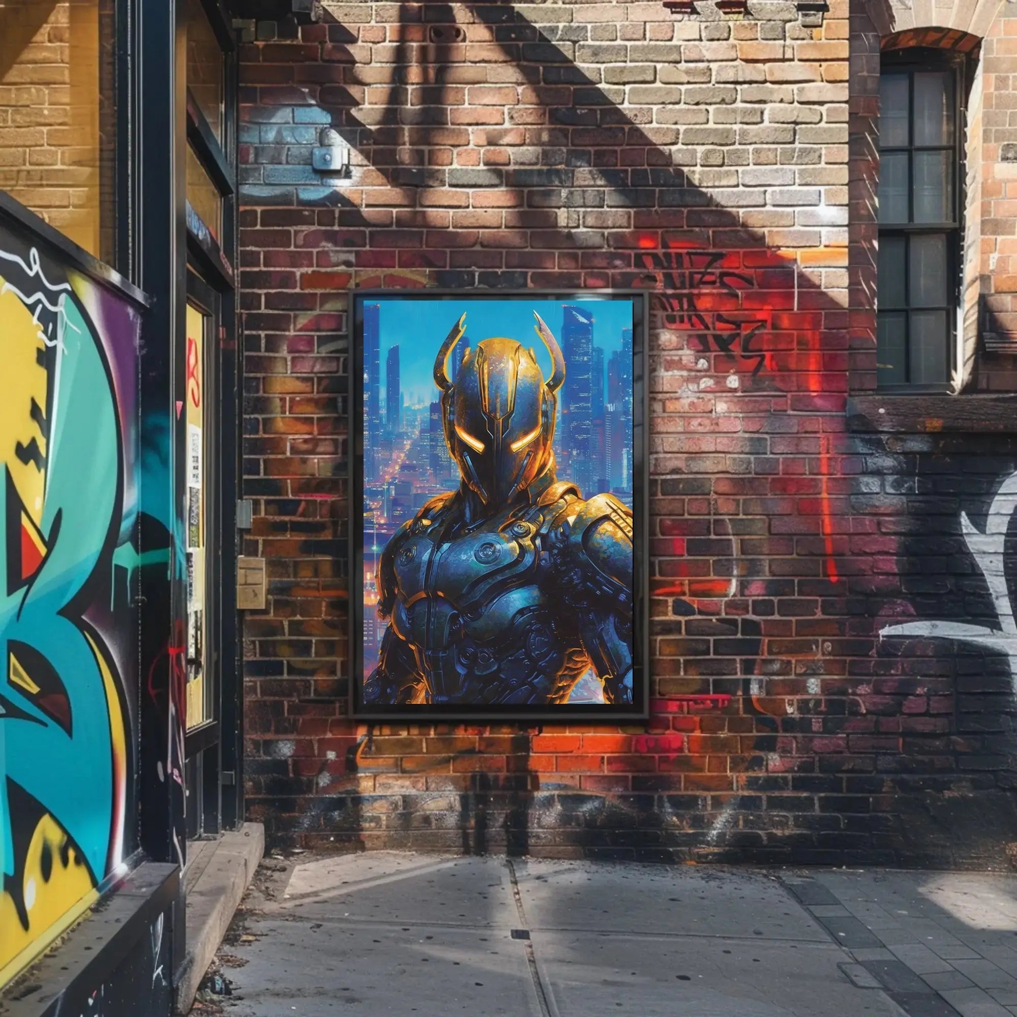Futuristic Robotic Figure in Cityscape Sci-Fi Poster PosterGoat