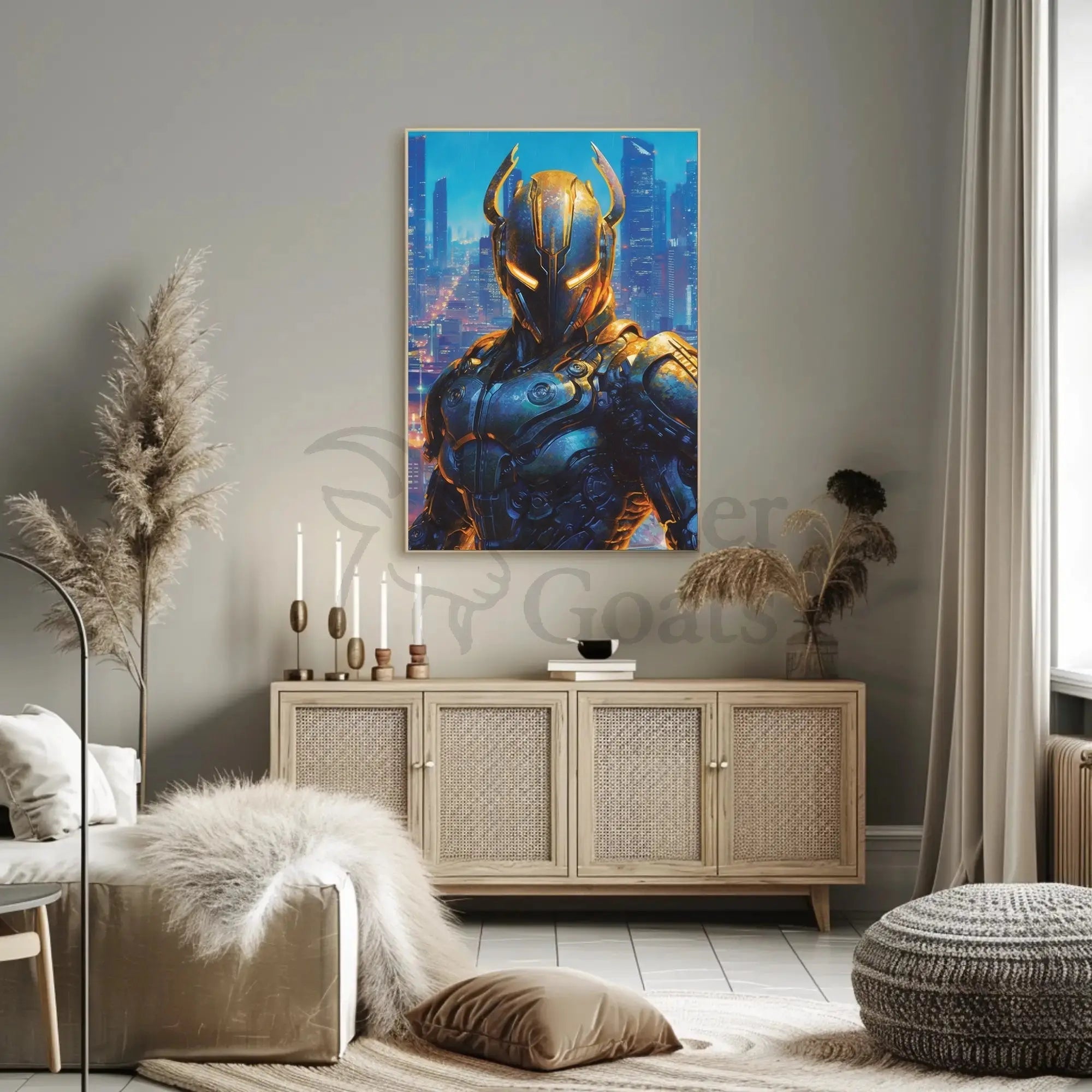Futuristic Robotic Figure in Cityscape Sci-Fi Poster PosterGoat