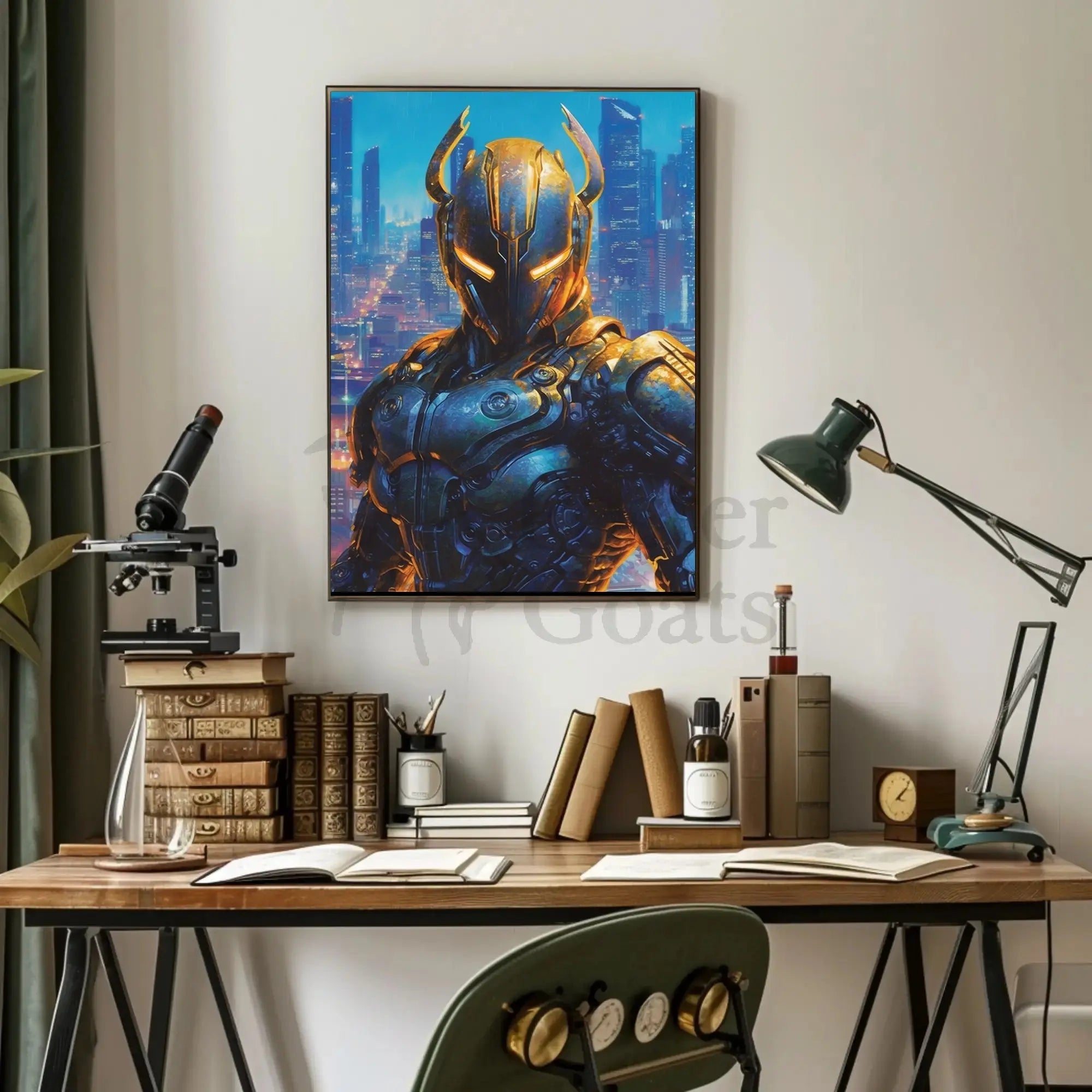 Futuristic Robotic Figure in Cityscape Sci-Fi Poster PosterGoat