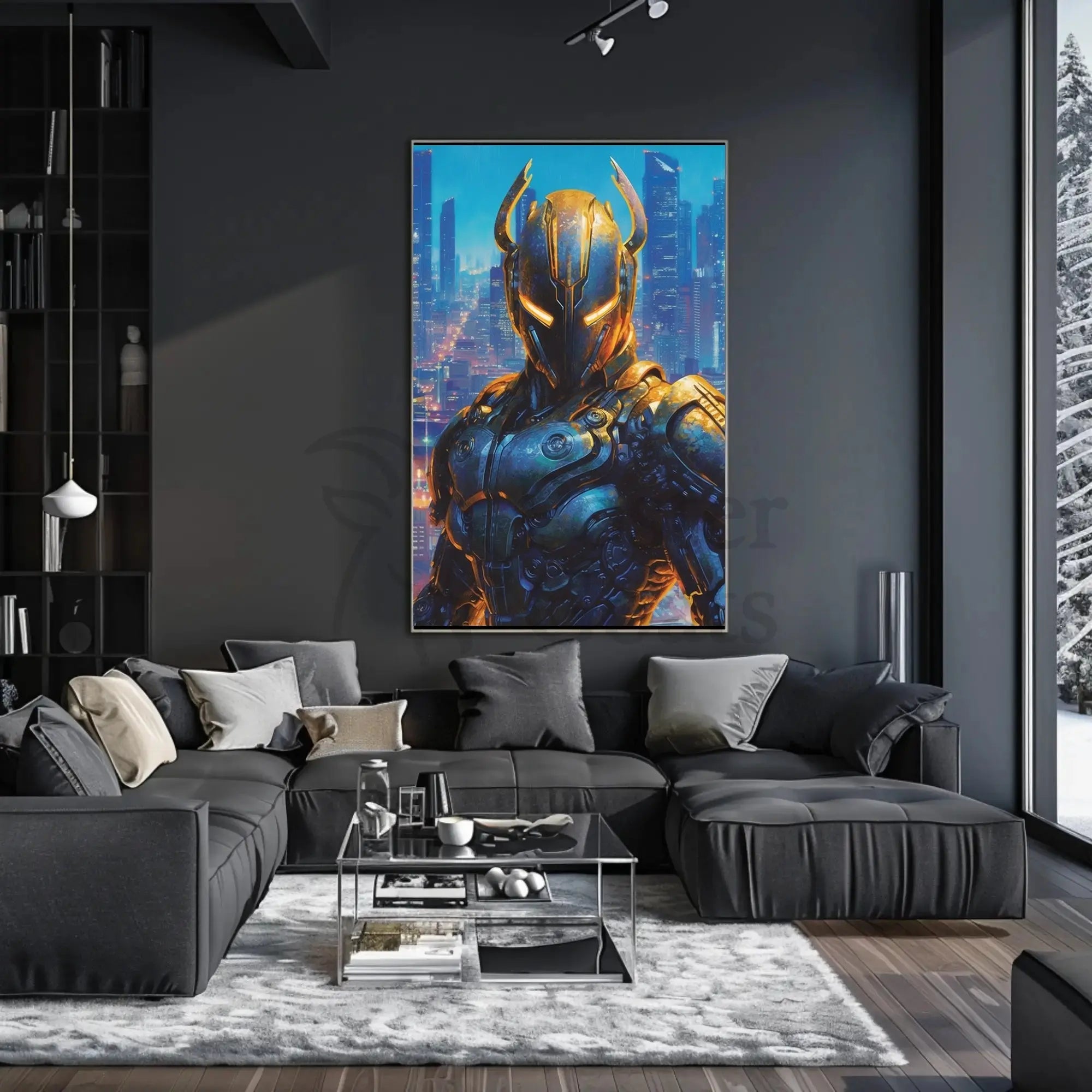 Futuristic Robotic Figure in Cityscape Sci-Fi Poster PosterGoat
