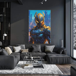 Futuristic Robotic Figure in Cityscape Sci-Fi Poster PosterGoat