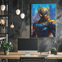 Futuristic Robotic Figure in Cityscape Sci-Fi Poster PosterGoat