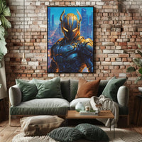 Futuristic Robotic Figure in Cityscape Sci-Fi Poster PosterGoat