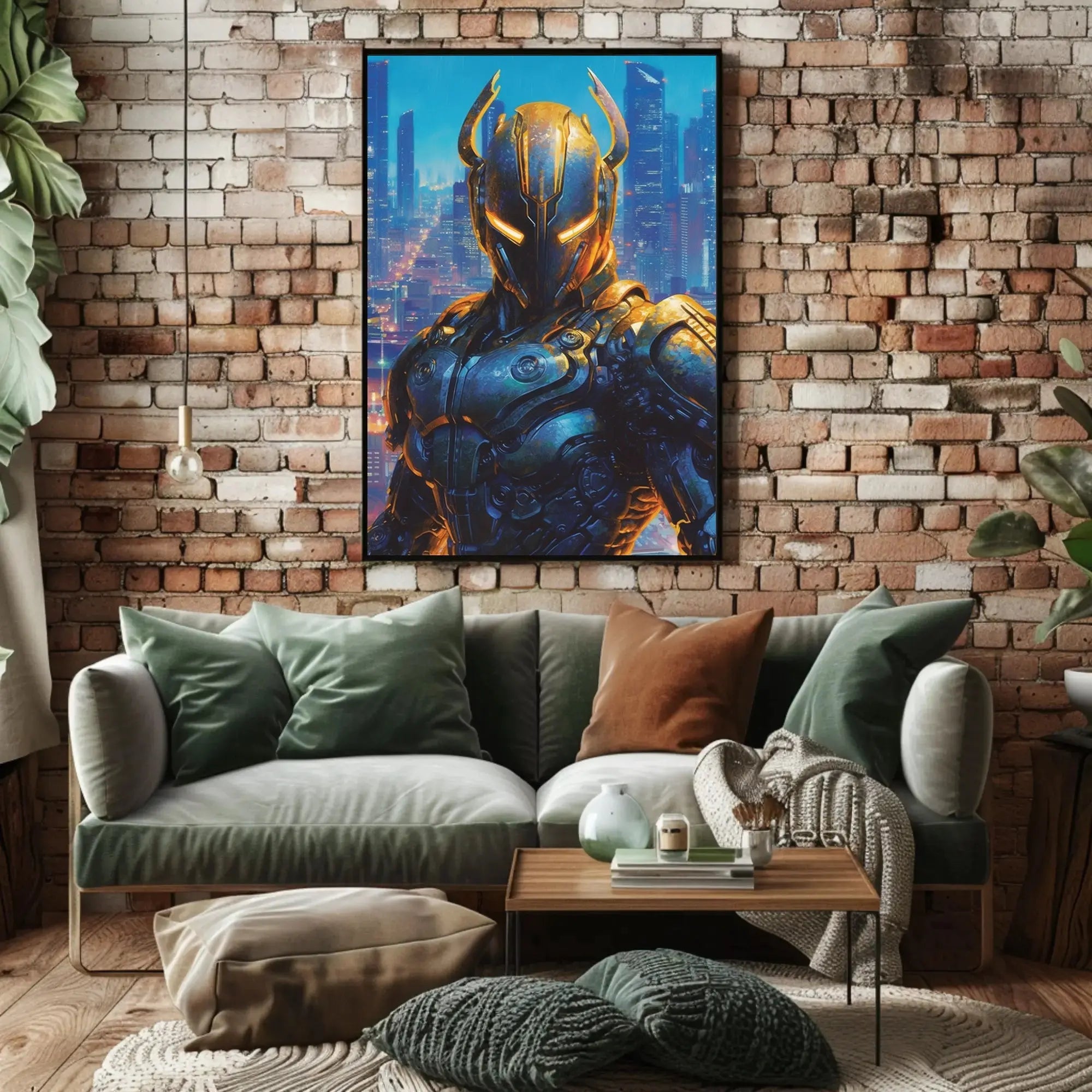 Futuristic Robotic Figure in Cityscape Sci-Fi Poster PosterGoat