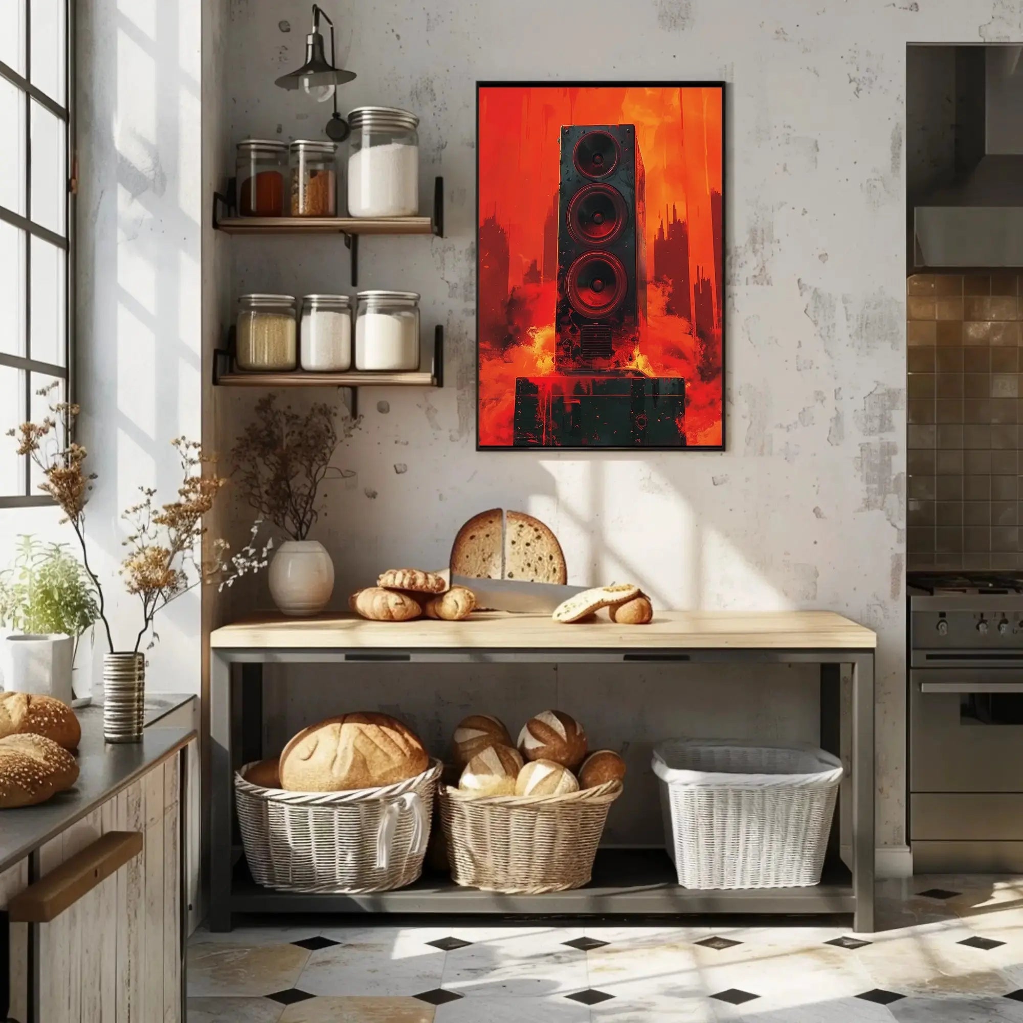 Futuristic Soundscape Poster Featuring Dynamic Speaker Art PosterGoat