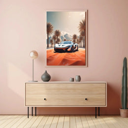 Futuristic Sports Car Desert Landscape Poster PosterGoat