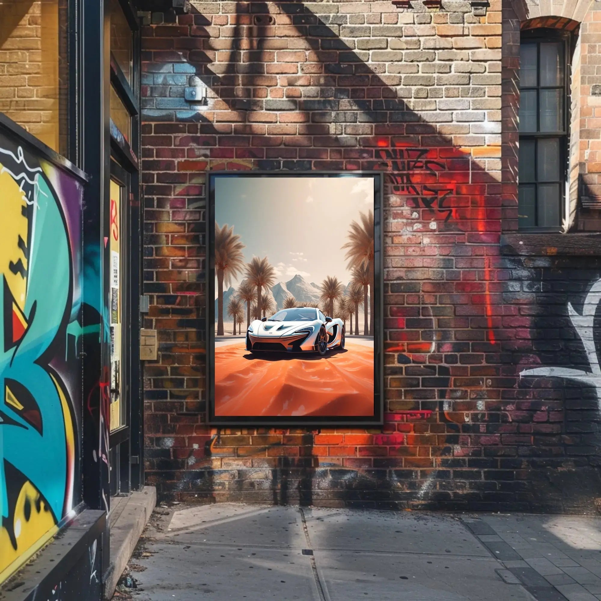 Futuristic Sports Car Desert Landscape Poster PosterGoat