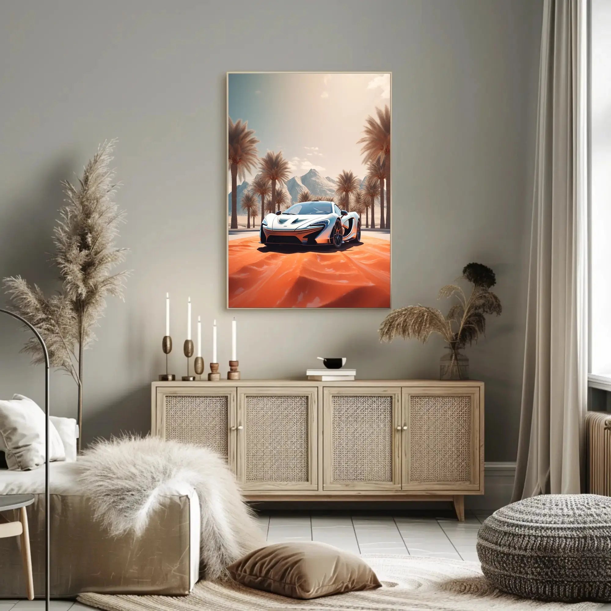 Futuristic Sports Car Desert Landscape Poster PosterGoat