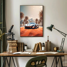 Futuristic Sports Car Desert Landscape Poster PosterGoat